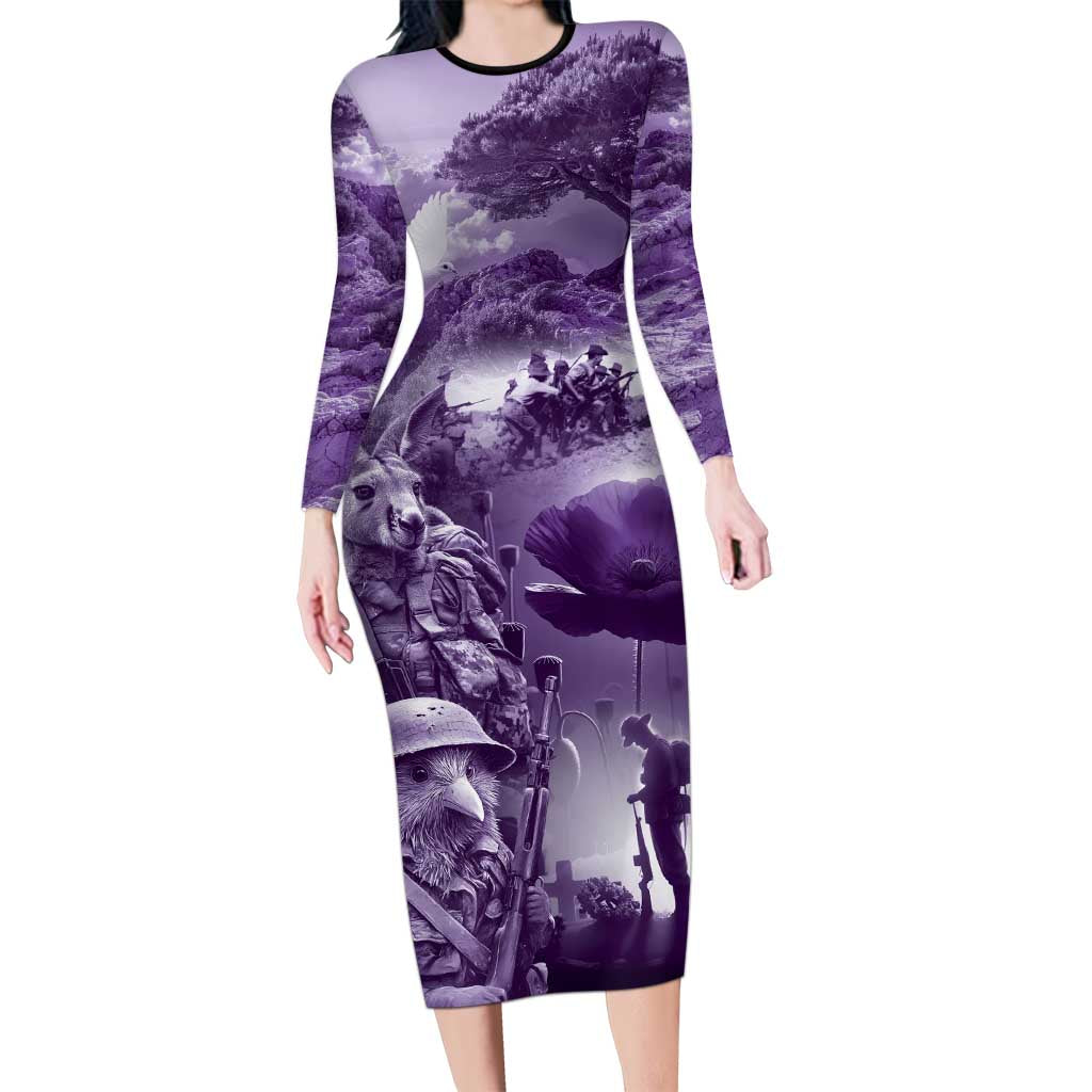 Purple ANZAC Day The Battle of Lone Pine Family Matching Long Sleeve Bodycon Dress and Hawaiian Shirt Kiwi-Kangaroo Soldier Lest We Forget