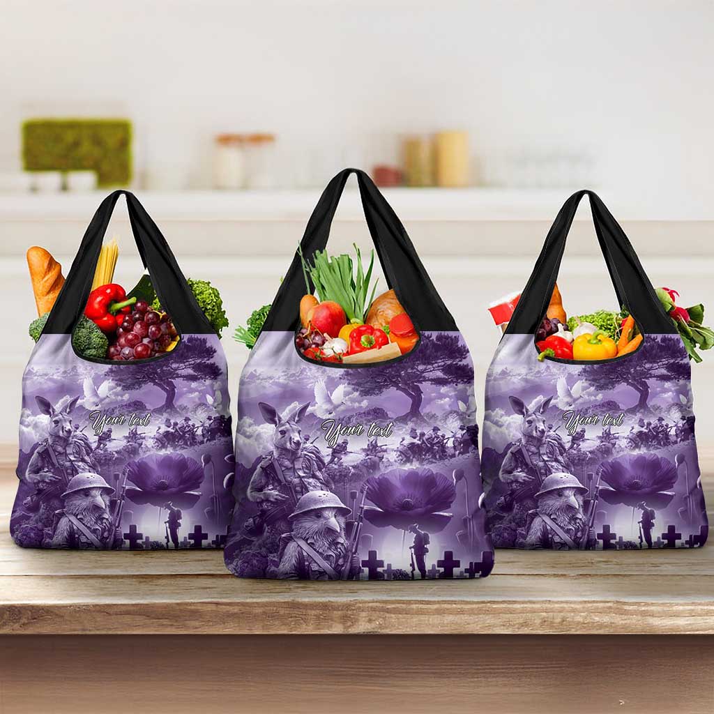 Purple ANZAC Day The Battle of Lone Pine Grocery Bag Kiwi-Kangaroo Soldier Lest We Forget