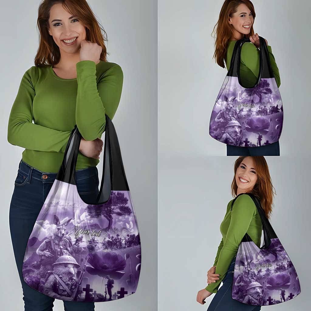 Purple ANZAC Day The Battle of Lone Pine Grocery Bag Kiwi-Kangaroo Soldier Lest We Forget