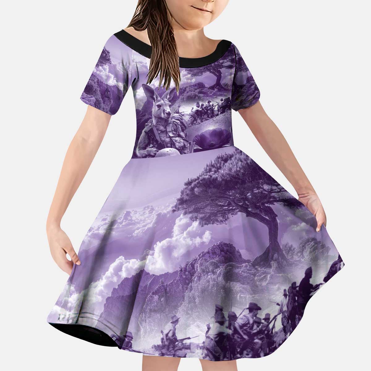 Purple ANZAC Day The Battle of Lone Pine Kid Short Sleeve Dress Kiwi-Kangaroo Soldier Lest We Forget