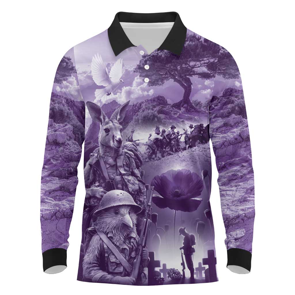Purple ANZAC Day The Battle of Lone Pine Long Sleeve Polo Shirt Kiwi-Kangaroo Soldier Lest We Forget LT9 Purple - Polynesian Pride