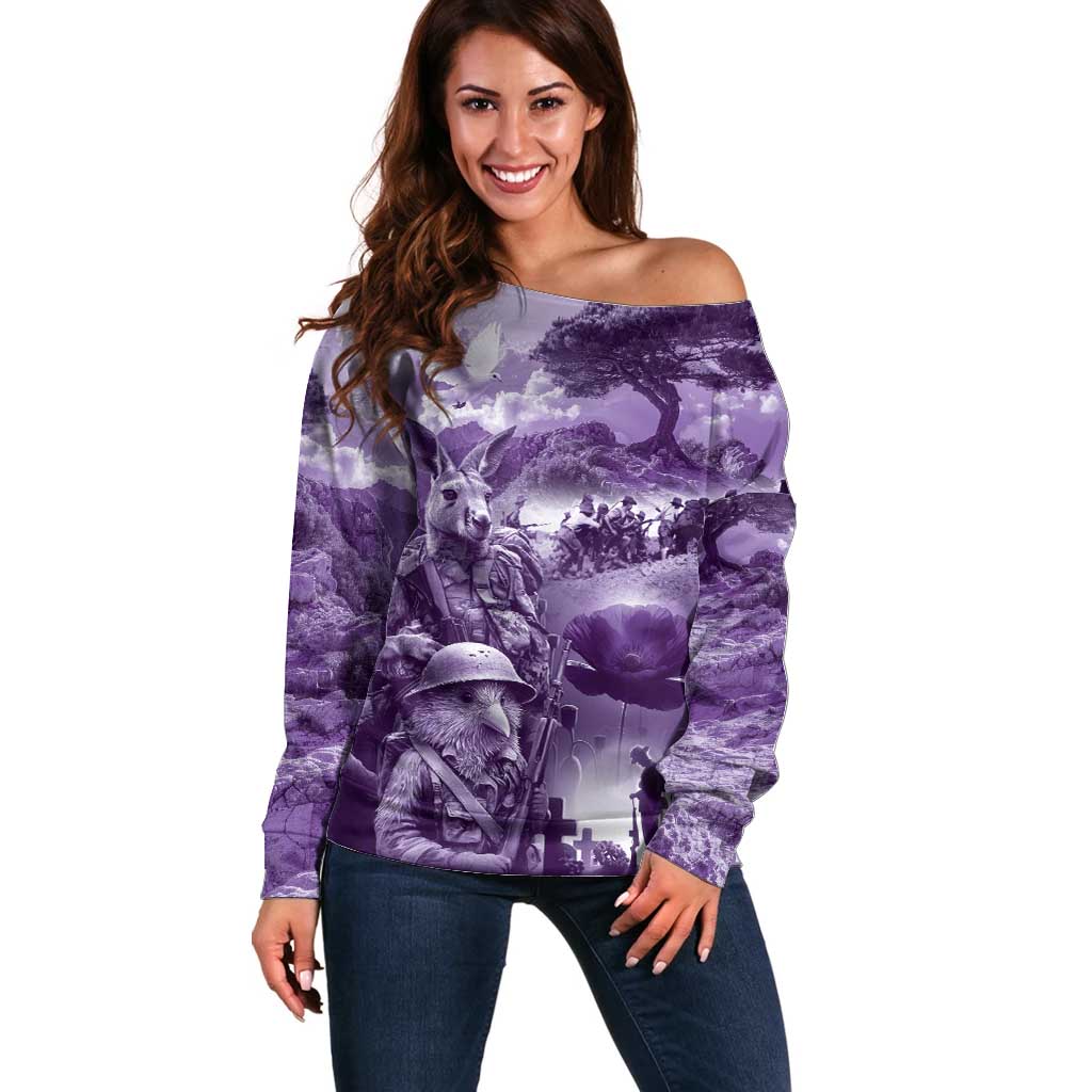 Purple ANZAC Day The Battle of Lone Pine Off Shoulder Sweater Kiwi-Kangaroo Soldier Lest We Forget
