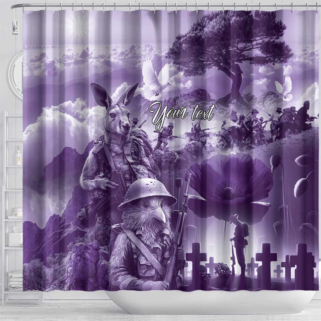 Purple ANZAC Day The Battle of Lone Pine Shower Curtain Kiwi-Kangaroo Soldier Lest We Forget