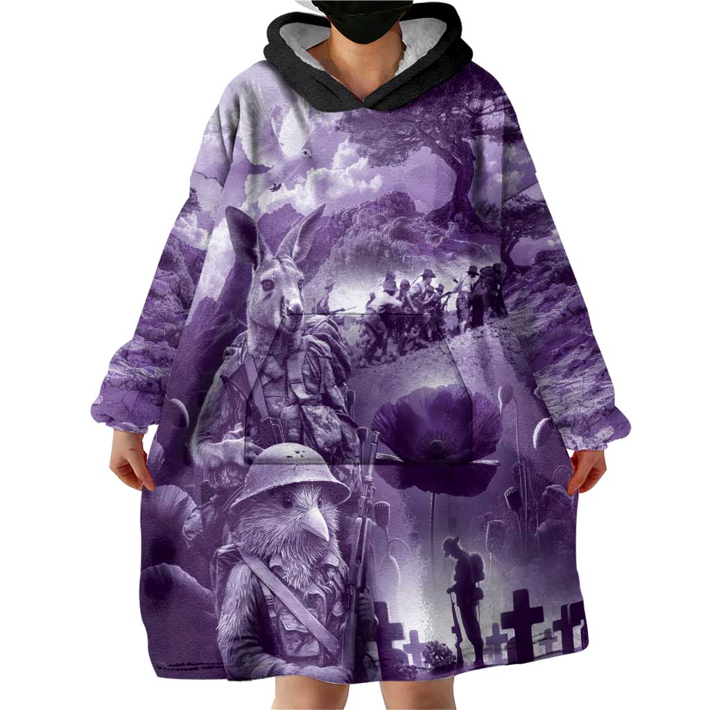 Purple ANZAC Day The Battle of Lone Pine Wearable Blanket Hoodie Kiwi-Kangaroo Soldier Lest We Forget