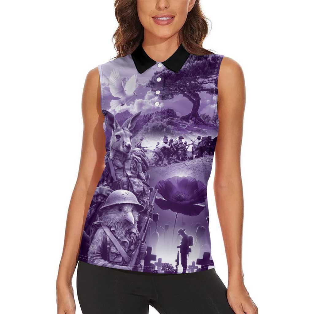 Purple ANZAC Day The Battle of Lone Pine Women Sleeveless Polo Shirt Kiwi-Kangaroo Soldier Lest We Forget LT9 - Polynesian Pride