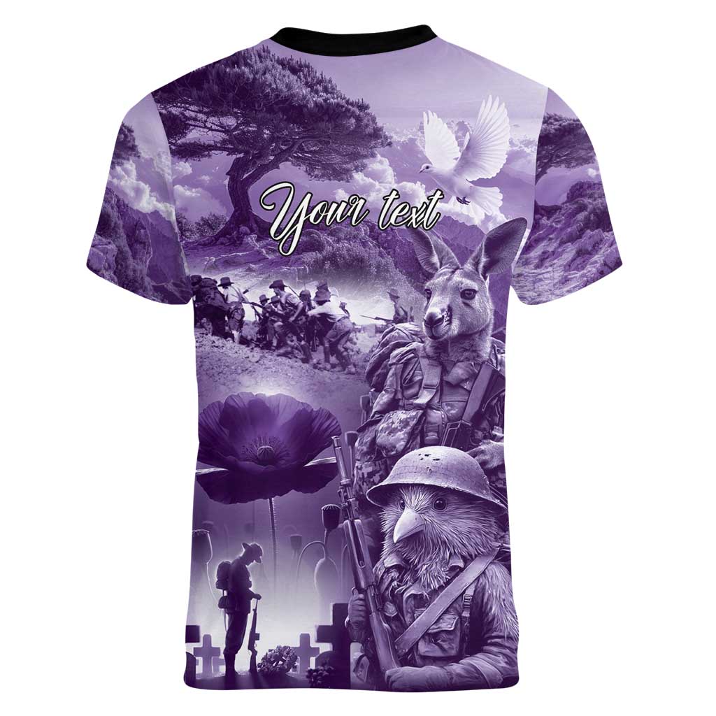 Purple ANZAC Day The Battle of Lone Pine Women V-Neck T-Shirt Kiwi-Kangaroo Soldier Lest We Forget LT9 - Polynesian Pride