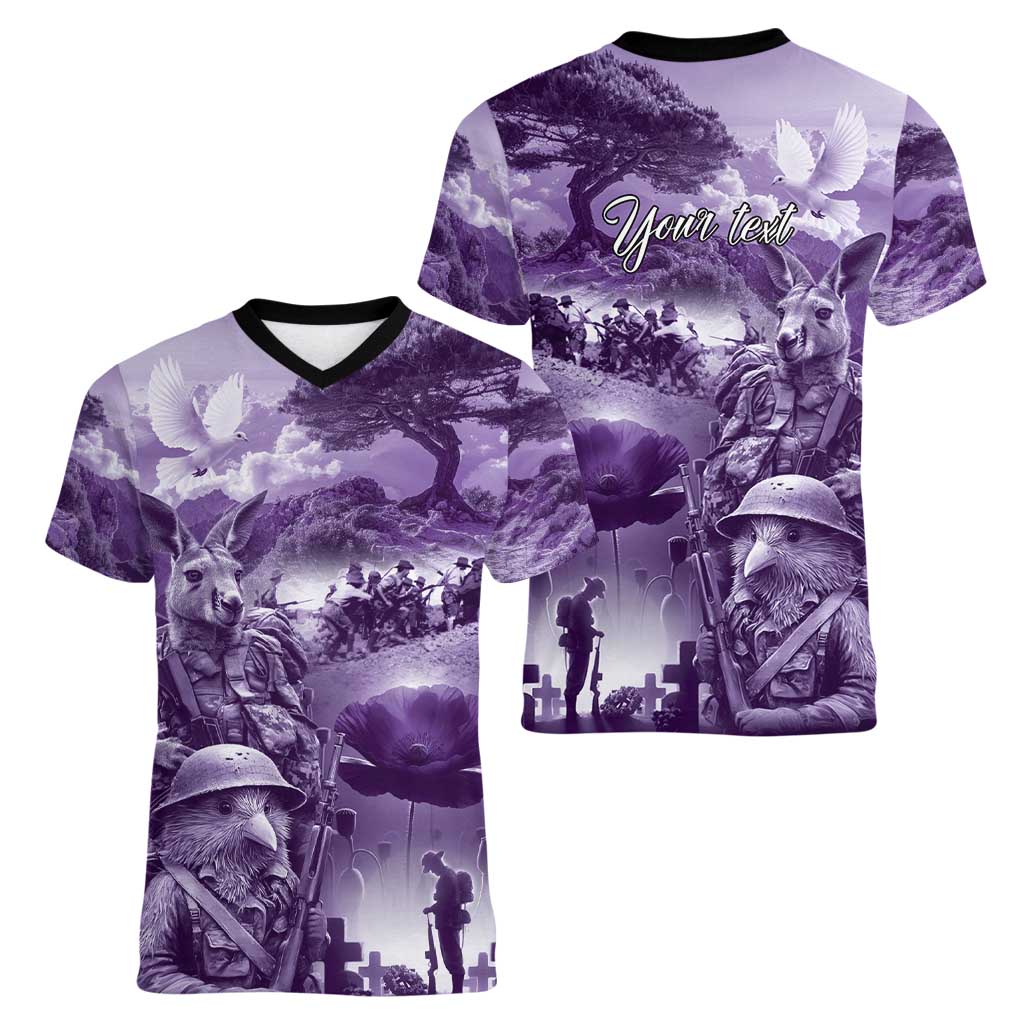 Purple ANZAC Day The Battle of Lone Pine Women V-Neck T-Shirt Kiwi-Kangaroo Soldier Lest We Forget LT9 - Polynesian Pride
