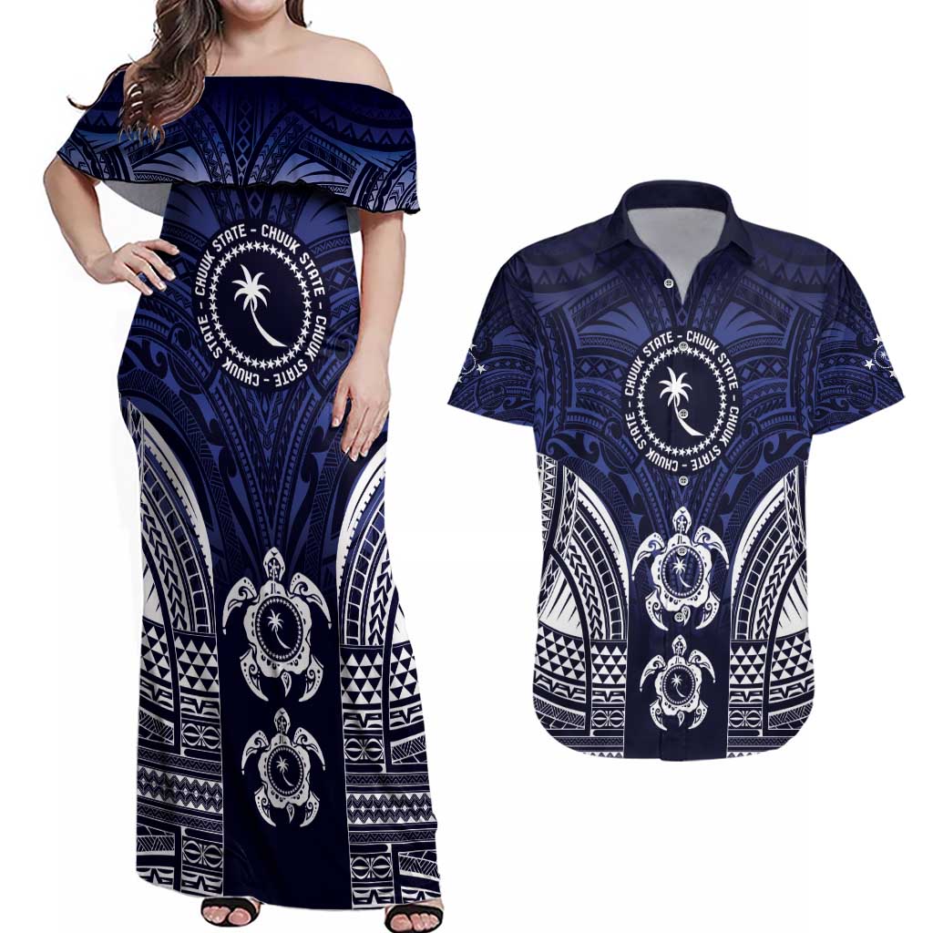 FSM Chuuk States Couples Matching Off Shoulder Maxi Dress and Hawaiian Shirt Micronesia Six 9 One Polynesian Tribal Pattern