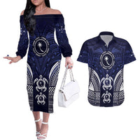 FSM Chuuk States Couples Matching Off The Shoulder Long Sleeve Dress and Hawaiian Shirt Micronesia Six 9 One Polynesian Tribal Pattern