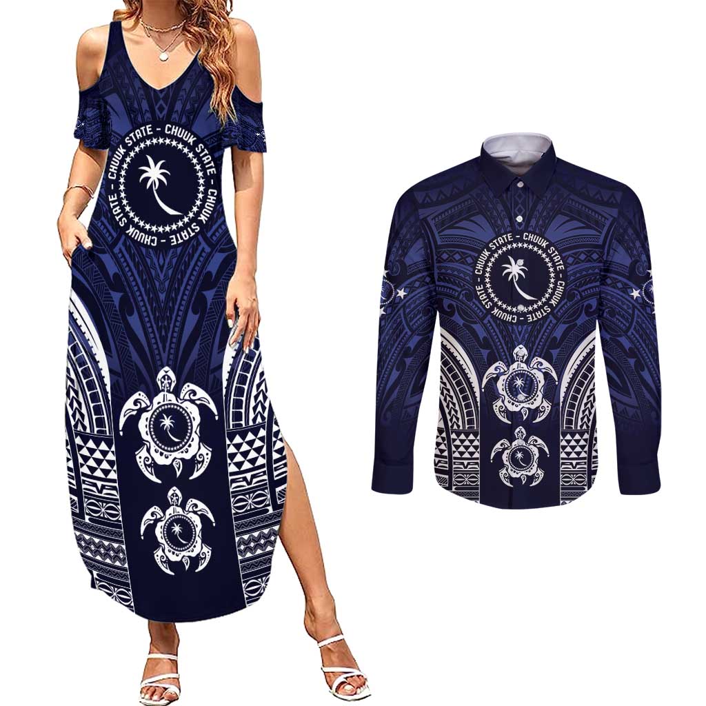 FSM Chuuk States Couples Matching Summer Maxi Dress and Long Sleeve Button Shirt Micronesia Six 9 One Polynesian Tribal Pattern