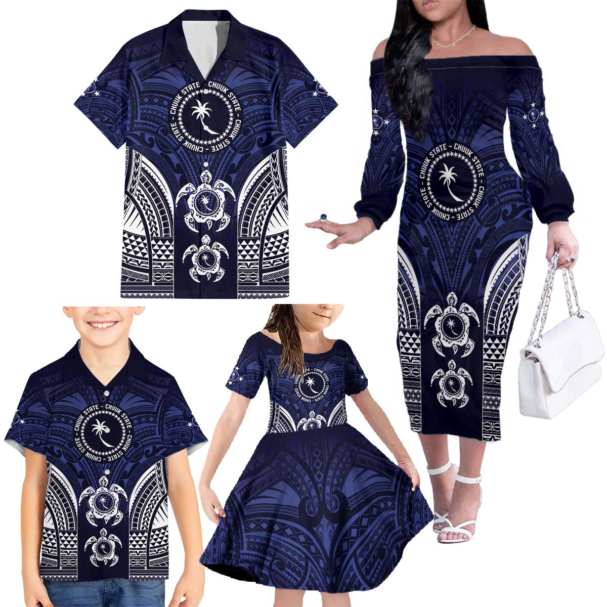FSM Chuuk States Family Matching Off The Shoulder Long Sleeve Dress and Hawaiian Shirt Micronesia Six 9 One Polynesian Tribal Pattern LT9 - Polynesian Pride