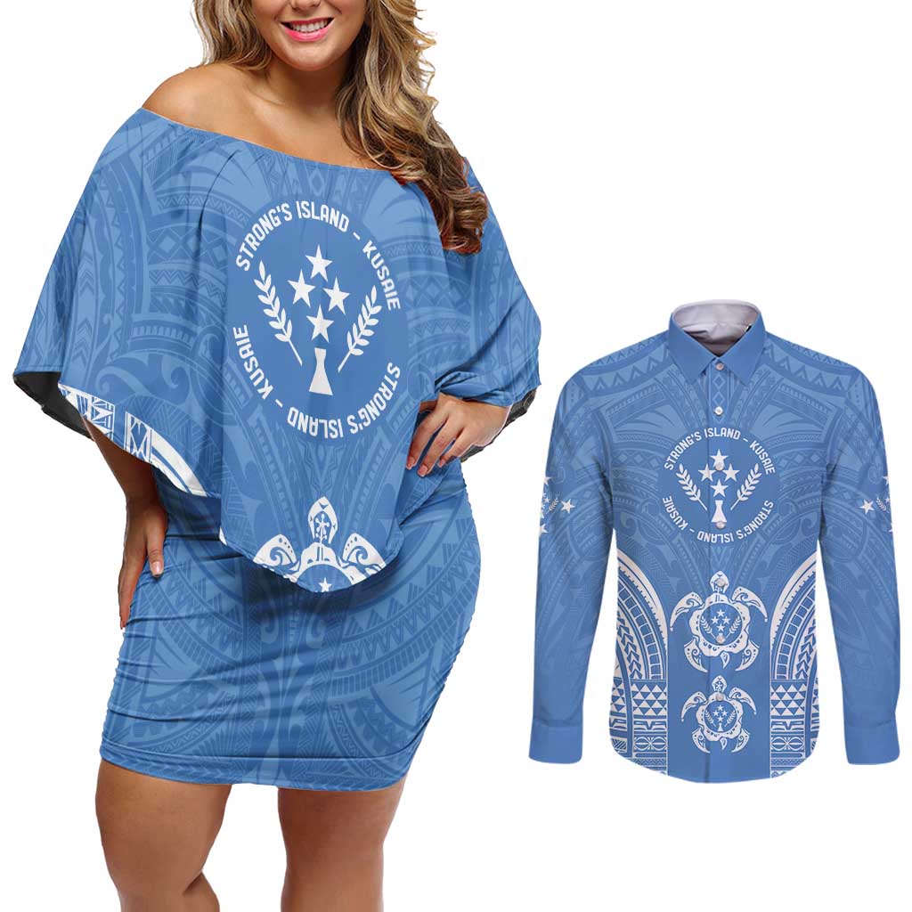 FSM Kosrae States Couples Matching Off Shoulder Short Dress and Long Sleeve Button Shirt Micronesia Six 9 One Polynesian Tribal Pattern
