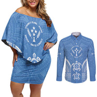 FSM Kosrae States Couples Matching Off Shoulder Short Dress and Long Sleeve Button Shirt Micronesia Six 9 One Polynesian Tribal Pattern