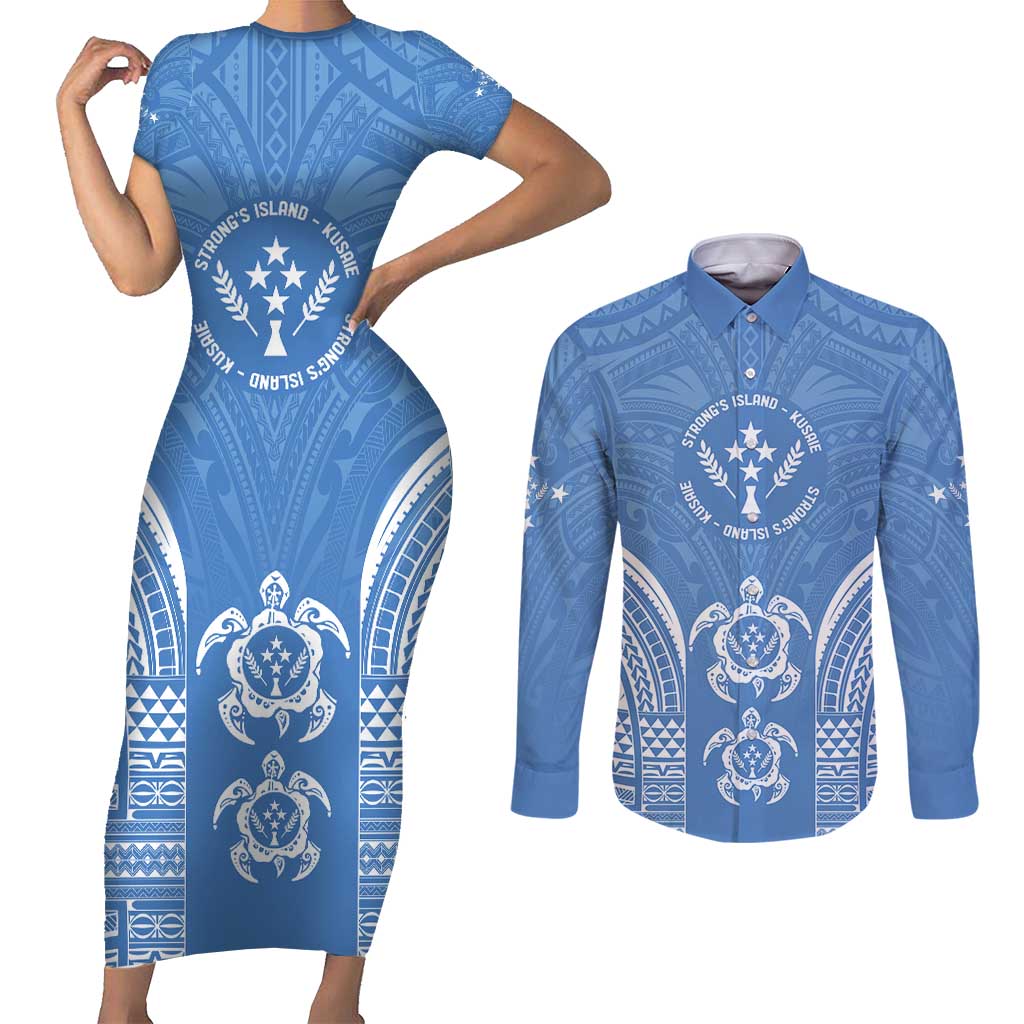 FSM Kosrae States Couples Matching Short Sleeve Bodycon Dress and Long Sleeve Button Shirt Micronesia Six 9 One Polynesian Tribal Pattern