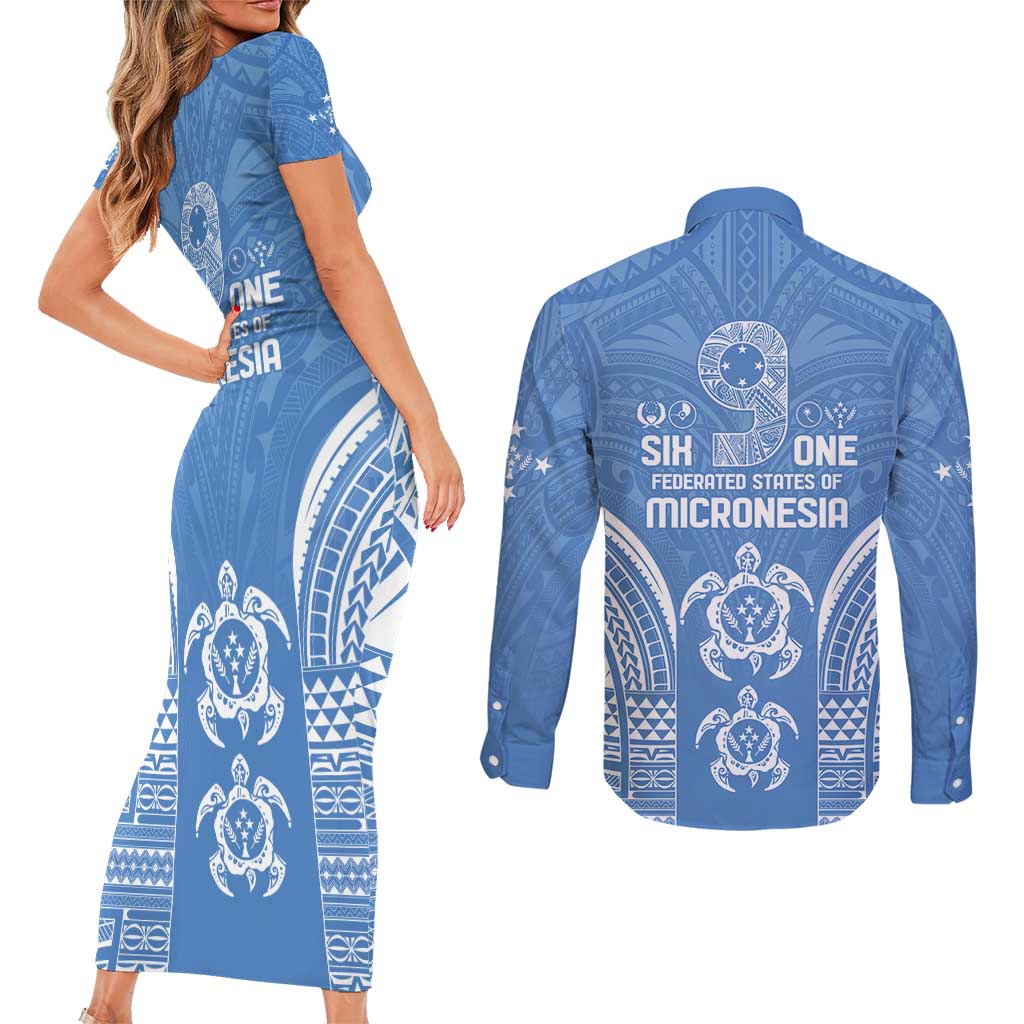 FSM Kosrae States Couples Matching Short Sleeve Bodycon Dress and Long Sleeve Button Shirt Micronesia Six 9 One Polynesian Tribal Pattern