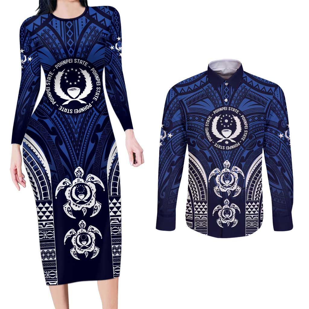 FSM Pohnpei States Couples Matching Long Sleeve Bodycon Dress and Long Sleeve Button Shirt Micronesia Six 9 One Polynesian Tribal Pattern