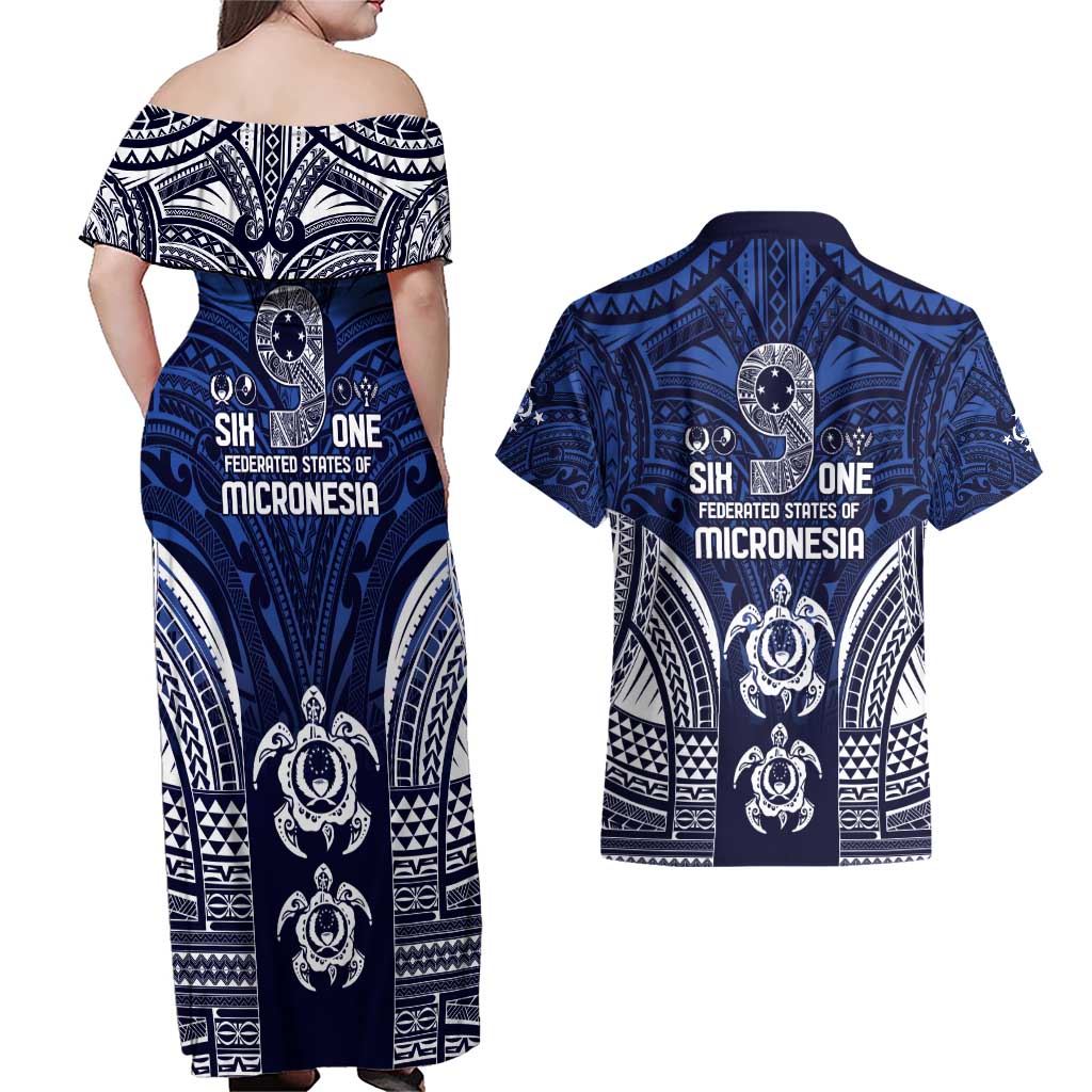 FSM Pohnpei States Couples Matching Off Shoulder Maxi Dress and Hawaiian Shirt Micronesia Six 9 One Polynesian Tribal Pattern
