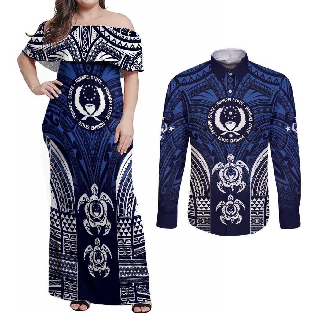 FSM Pohnpei States Couples Matching Off Shoulder Maxi Dress and Long Sleeve Button Shirt Micronesia Six 9 One Polynesian Tribal Pattern