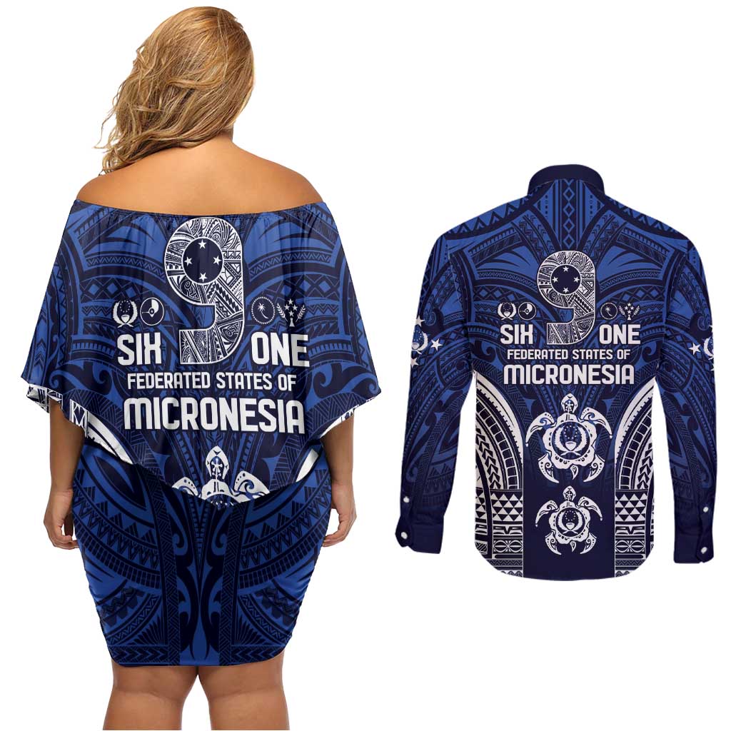 FSM Pohnpei States Couples Matching Off Shoulder Short Dress and Long Sleeve Button Shirt Micronesia Six 9 One Polynesian Tribal Pattern
