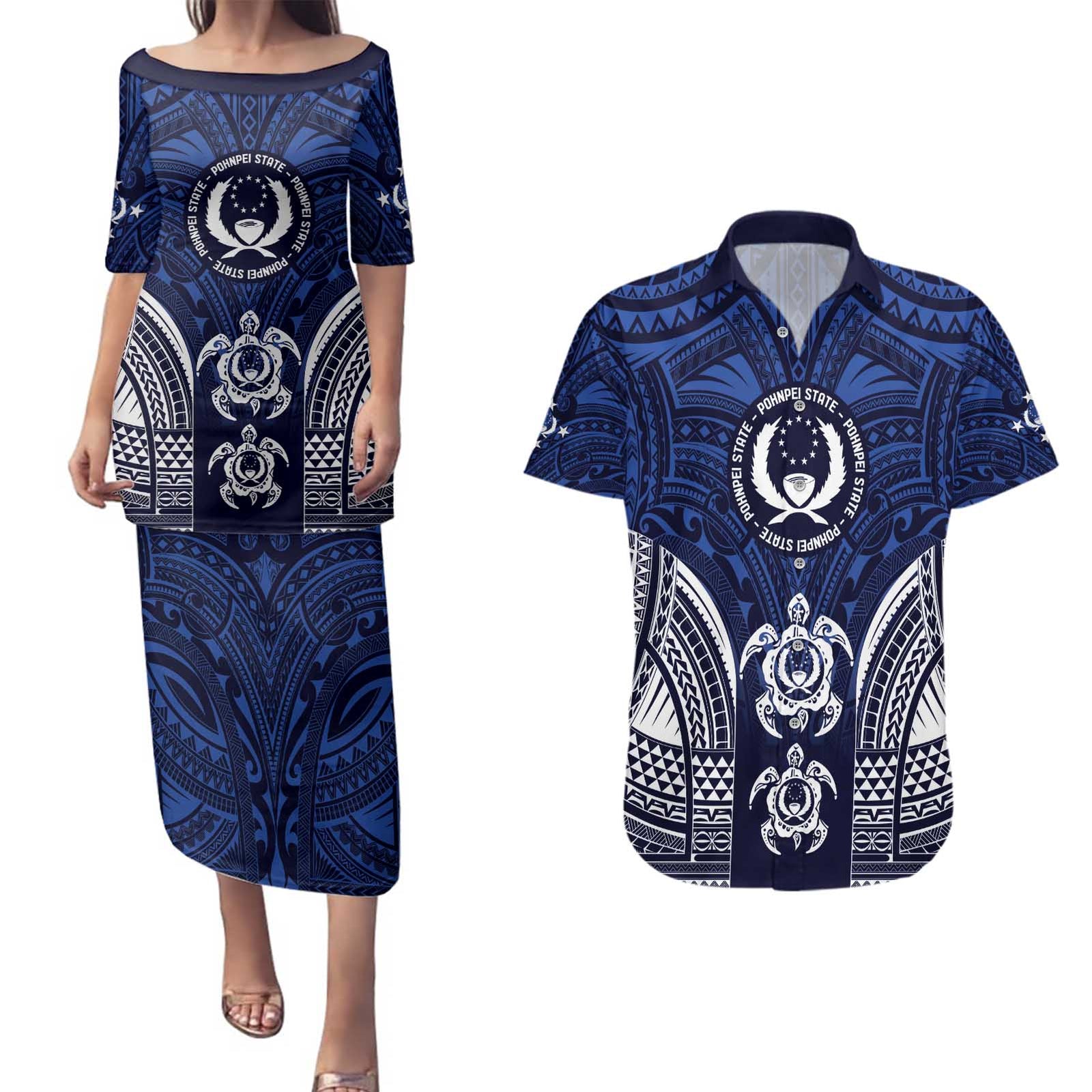 FSM Pohnpei States Couples Matching Puletasi and Hawaiian Shirt Micronesia Six 9 One Polynesian Tribal Pattern