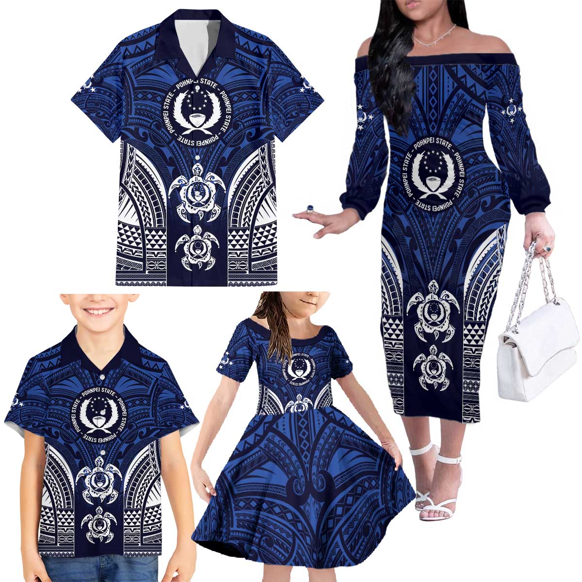 FSM Pohnpei States Family Matching Off The Shoulder Long Sleeve Dress and Hawaiian Shirt Micronesia Six 9 One Polynesian Tribal Pattern