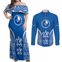 FSM Yap States Couples Matching Off Shoulder Maxi Dress and Long Sleeve Button Shirt Micronesia Six 9 One Polynesian Tribal Pattern
