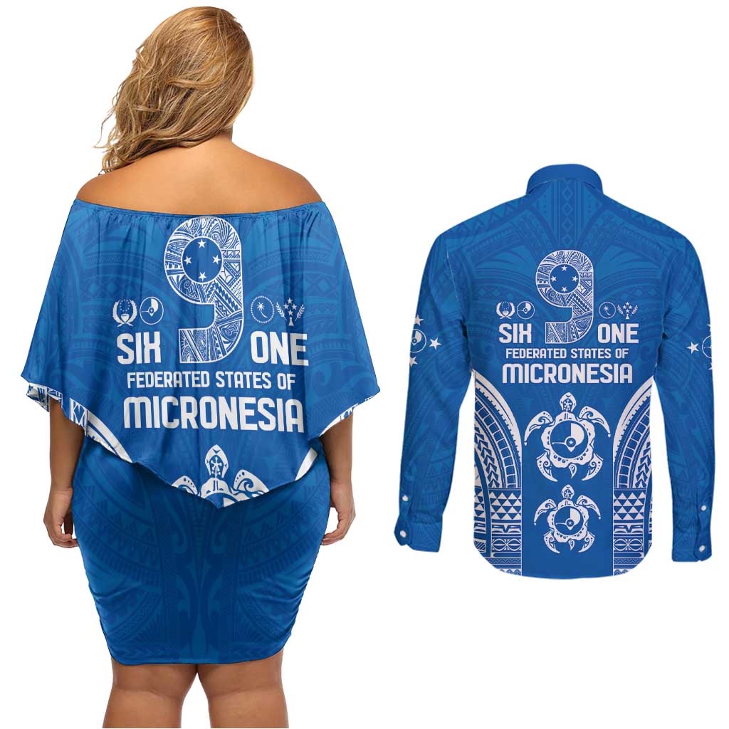 FSM Yap States Couples Matching Off Shoulder Short Dress and Long Sleeve Button Shirt Micronesia Six 9 One Polynesian Tribal Pattern