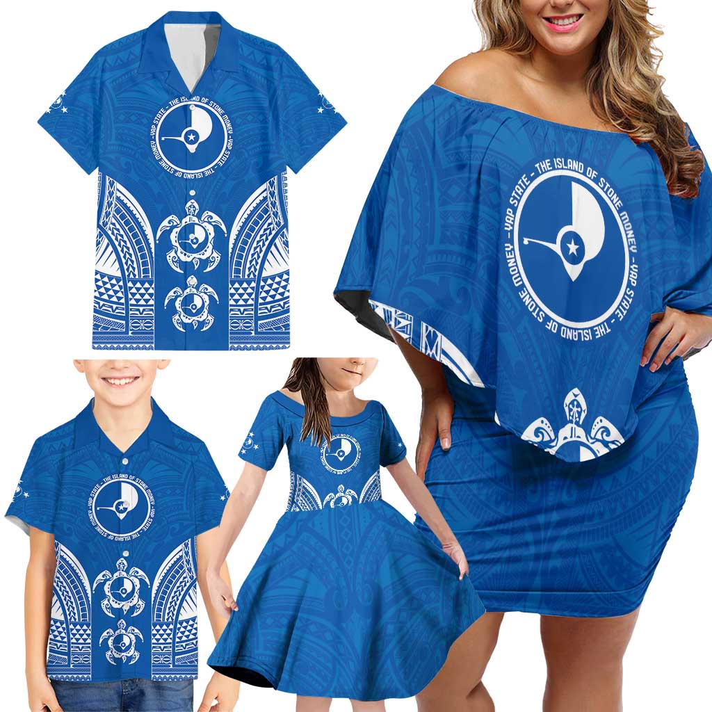 FSM Yap States Family Matching Off Shoulder Short Dress and Hawaiian Shirt Micronesia Six 9 One Polynesian Tribal Pattern