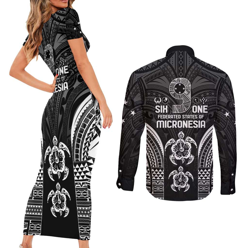 FSM Micronesia Six 9 One Couples Matching Short Sleeve Bodycon Dress and Long Sleeve Button Shirt Polynesian Tribal Pattern
