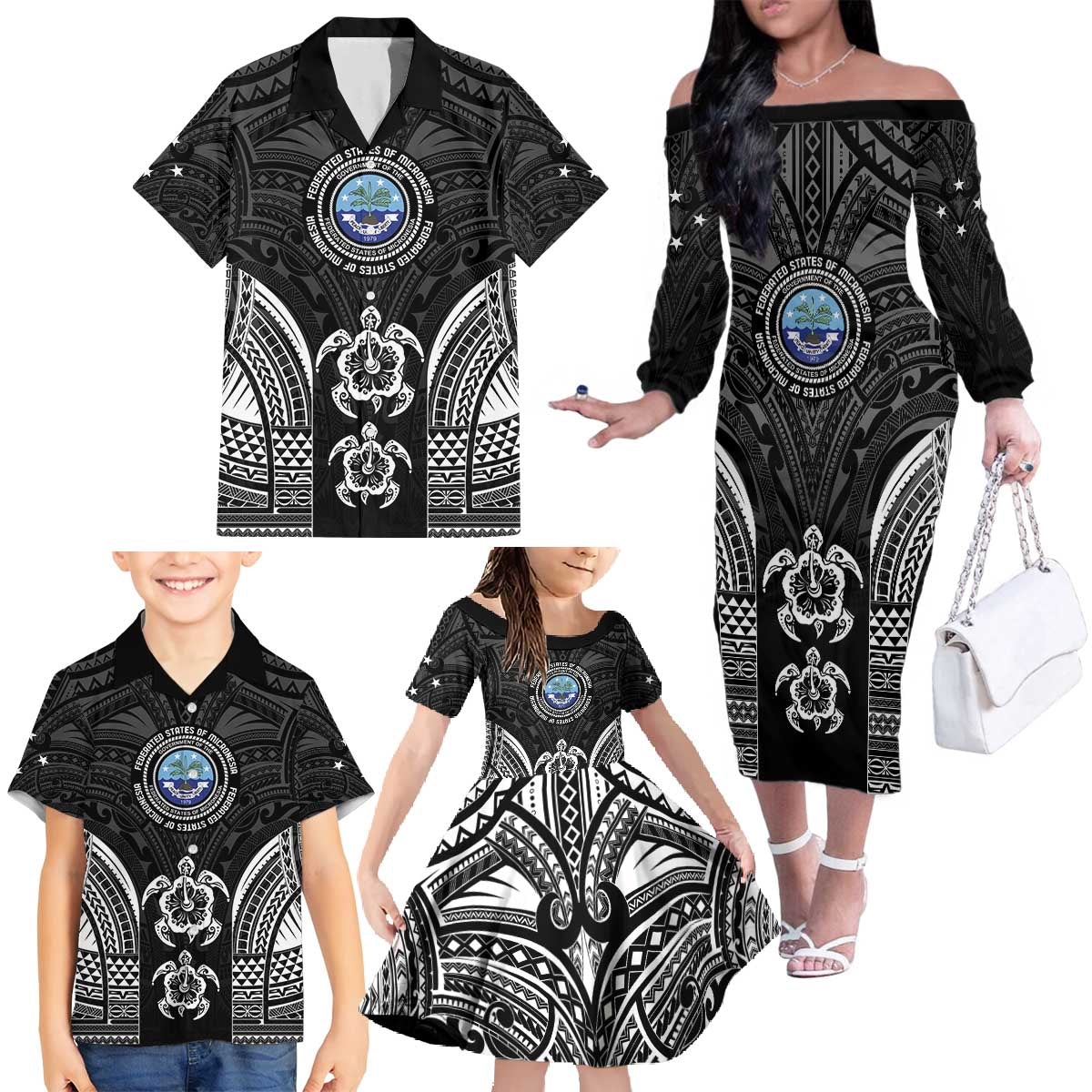 FSM Micronesia Six 9 One Family Matching Off The Shoulder Long Sleeve Dress and Hawaiian Shirt Polynesian Tribal Pattern