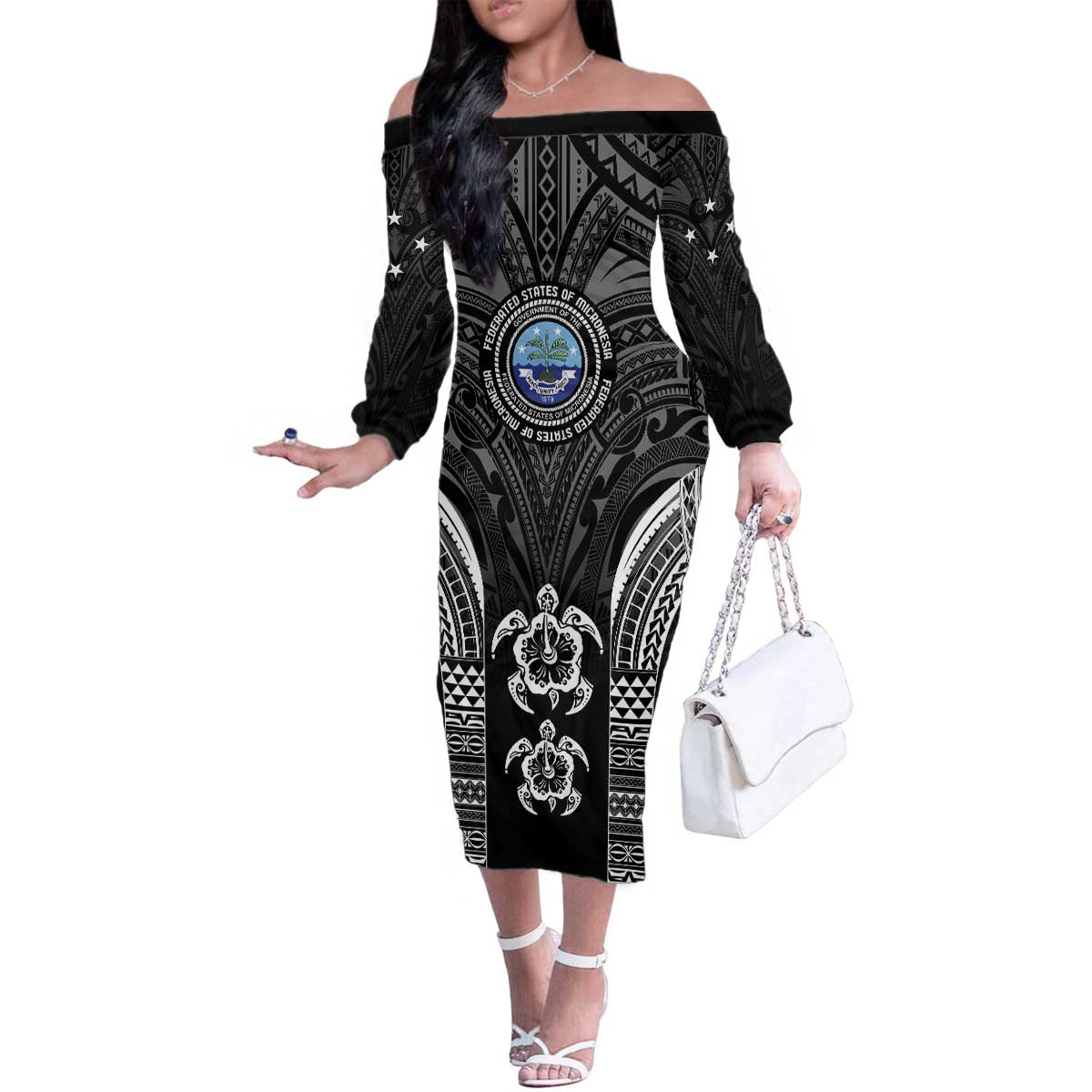 FSM Micronesia Six 9 One Family Matching Off The Shoulder Long Sleeve Dress and Hawaiian Shirt Polynesian Tribal Pattern