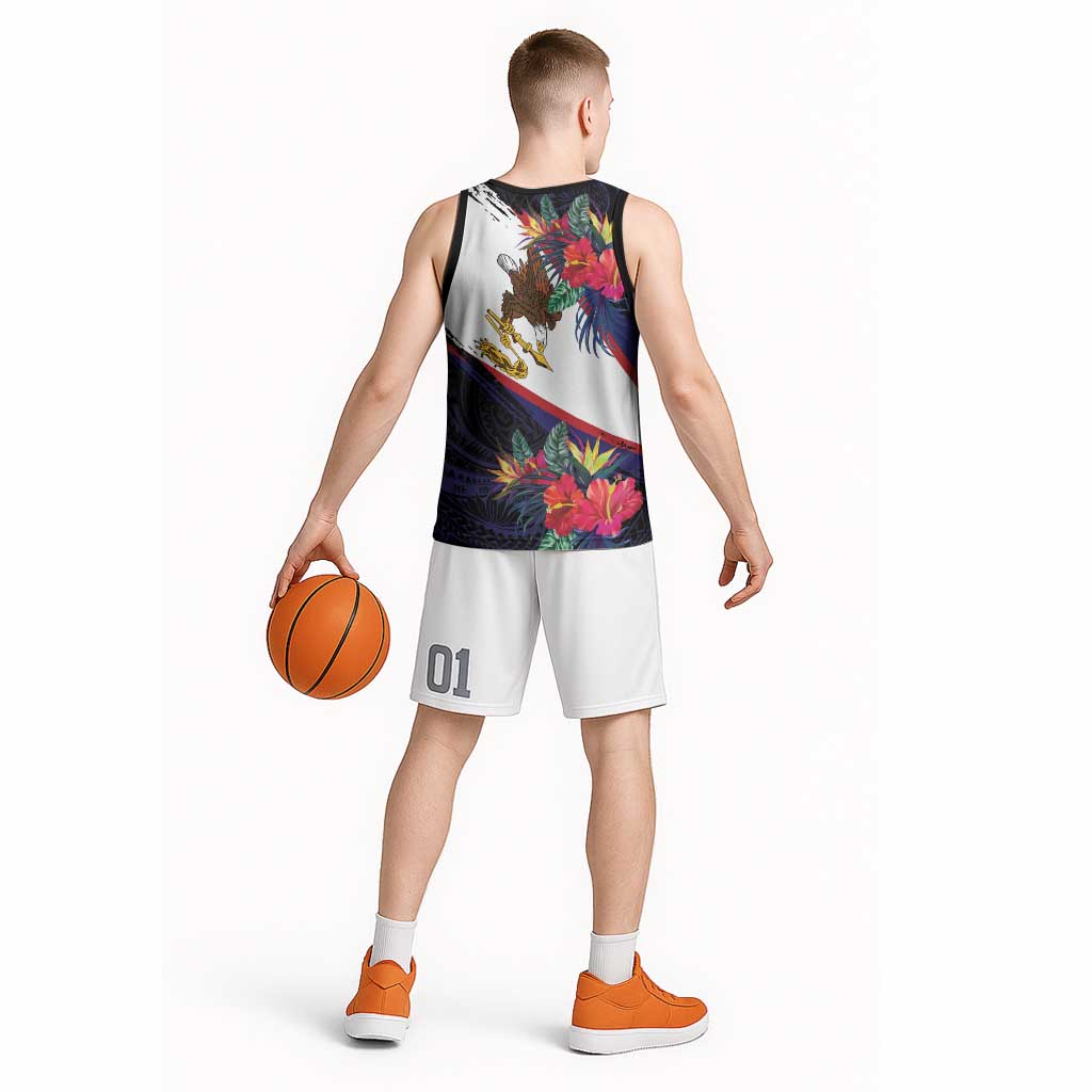 American Samoa Flag Day Since 1900 Basketball Jersey Samoa Muamua Le Atua Tropical Flowers - Polynesian Pride