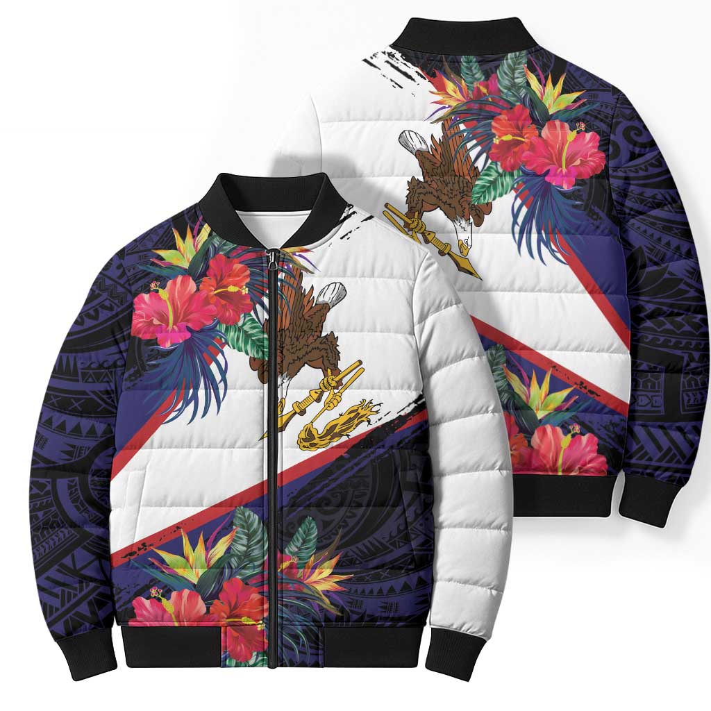 American Samoa Flag Day Since 1900 Bomber Puffer Jacket Samoa Muamua Le Atua Tropical Flowers - Polynesian Pride