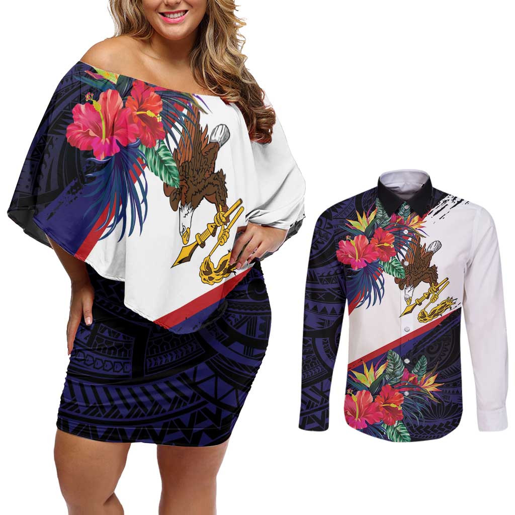 American Samoa Flag Day Since 1900 Couples Matching Off Shoulder Short Dress and Long Sleeve Button Shirt Samoa Muamua Le Atua Tropical Flowers