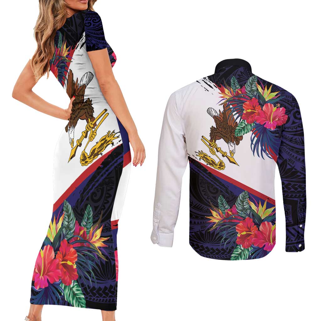 American Samoa Flag Day Since 1900 Couples Matching Short Sleeve Bodycon Dress and Long Sleeve Button Shirt Samoa Muamua Le Atua Tropical Flowers