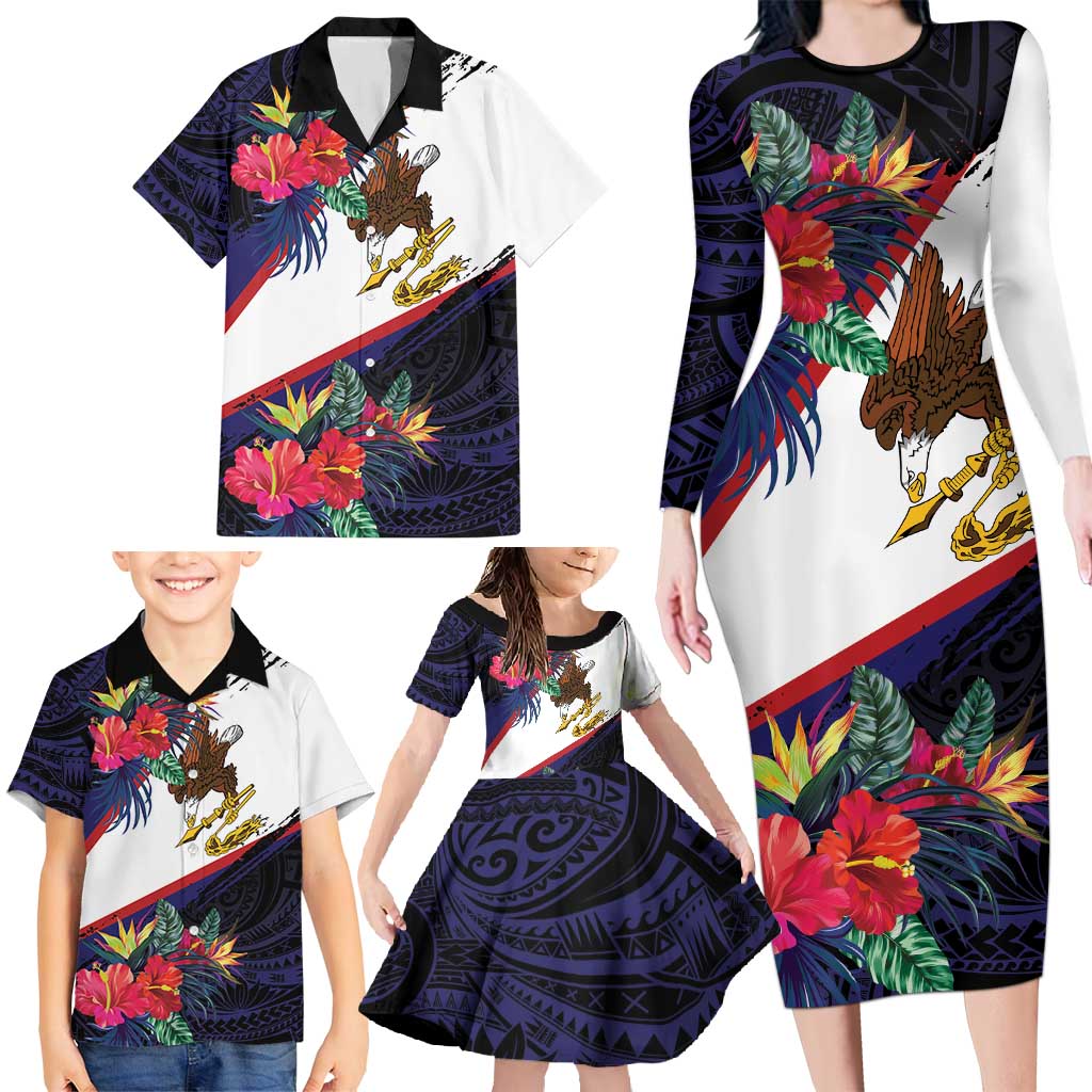 American Samoa Flag Day Since 1900 Family Matching Long Sleeve Bodycon Dress and Hawaiian Shirt Samoa Muamua Le Atua Tropical Flowers