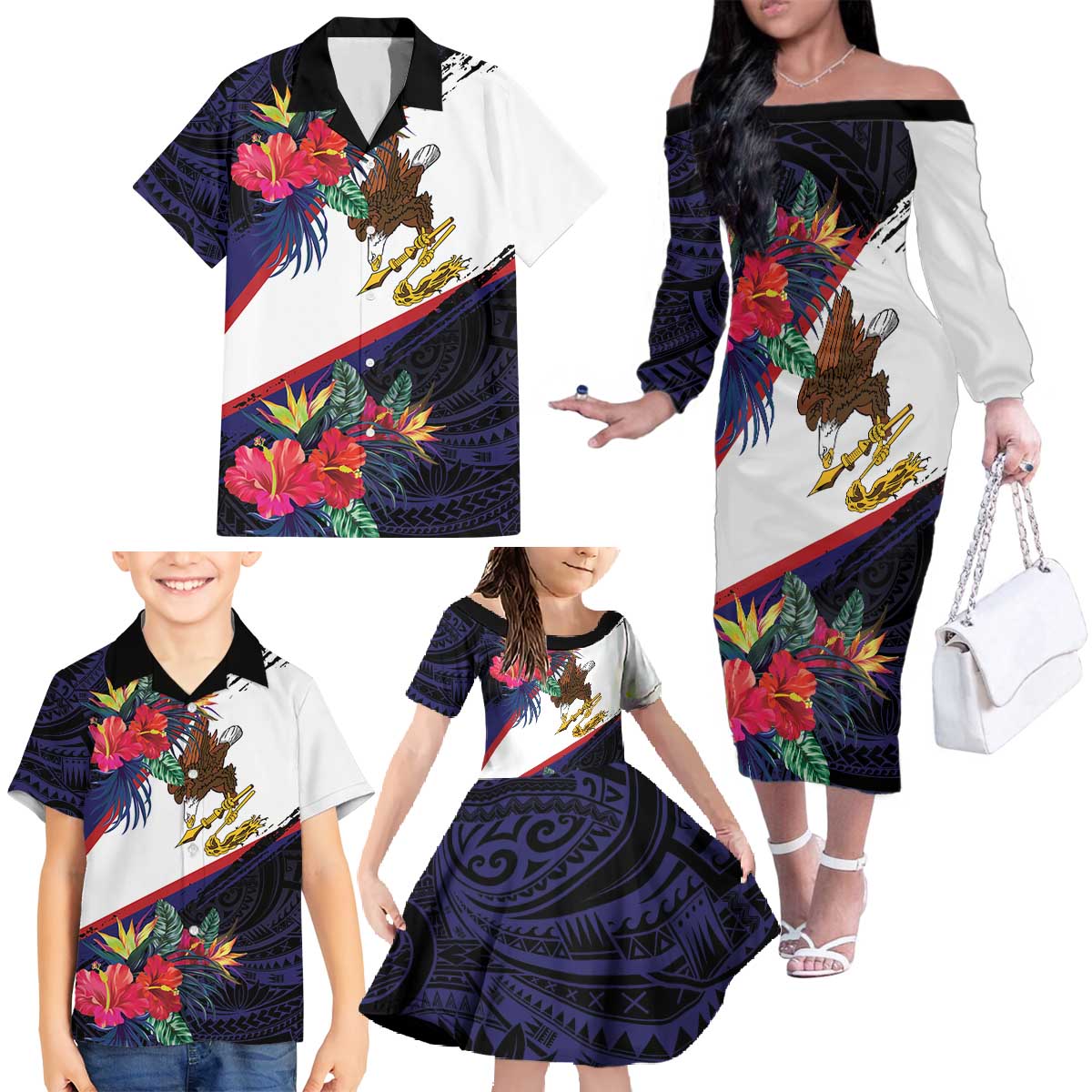 American Samoa Flag Day Since 1900 Family Matching Off The Shoulder Long Sleeve Dress and Hawaiian Shirt Samoa Muamua Le Atua Tropical Flowers