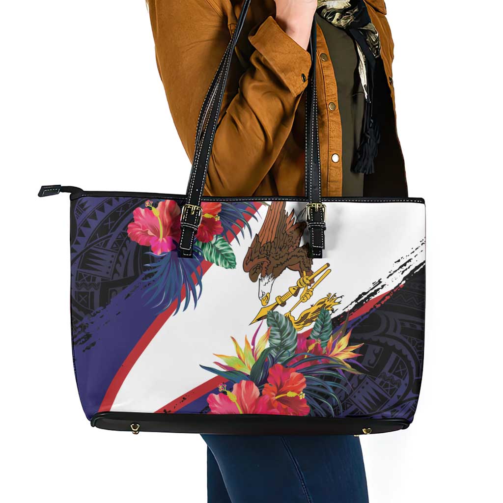 American Samoa Flag Day Since 1900 Leather Tote Bag Samoa Muamua Le Atua Tropical Flowers