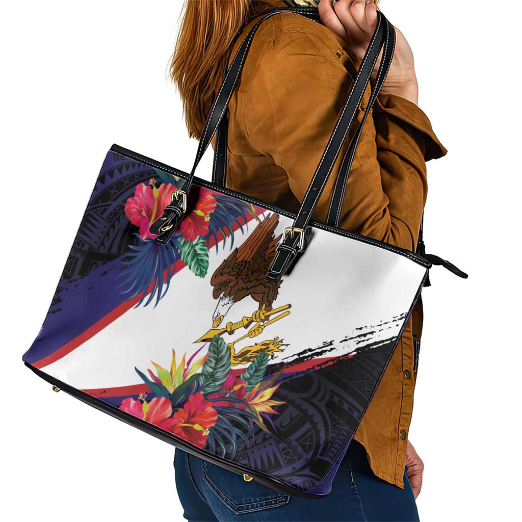 American Samoa Flag Day Since 1900 Leather Tote Bag Samoa Muamua Le Atua Tropical Flowers