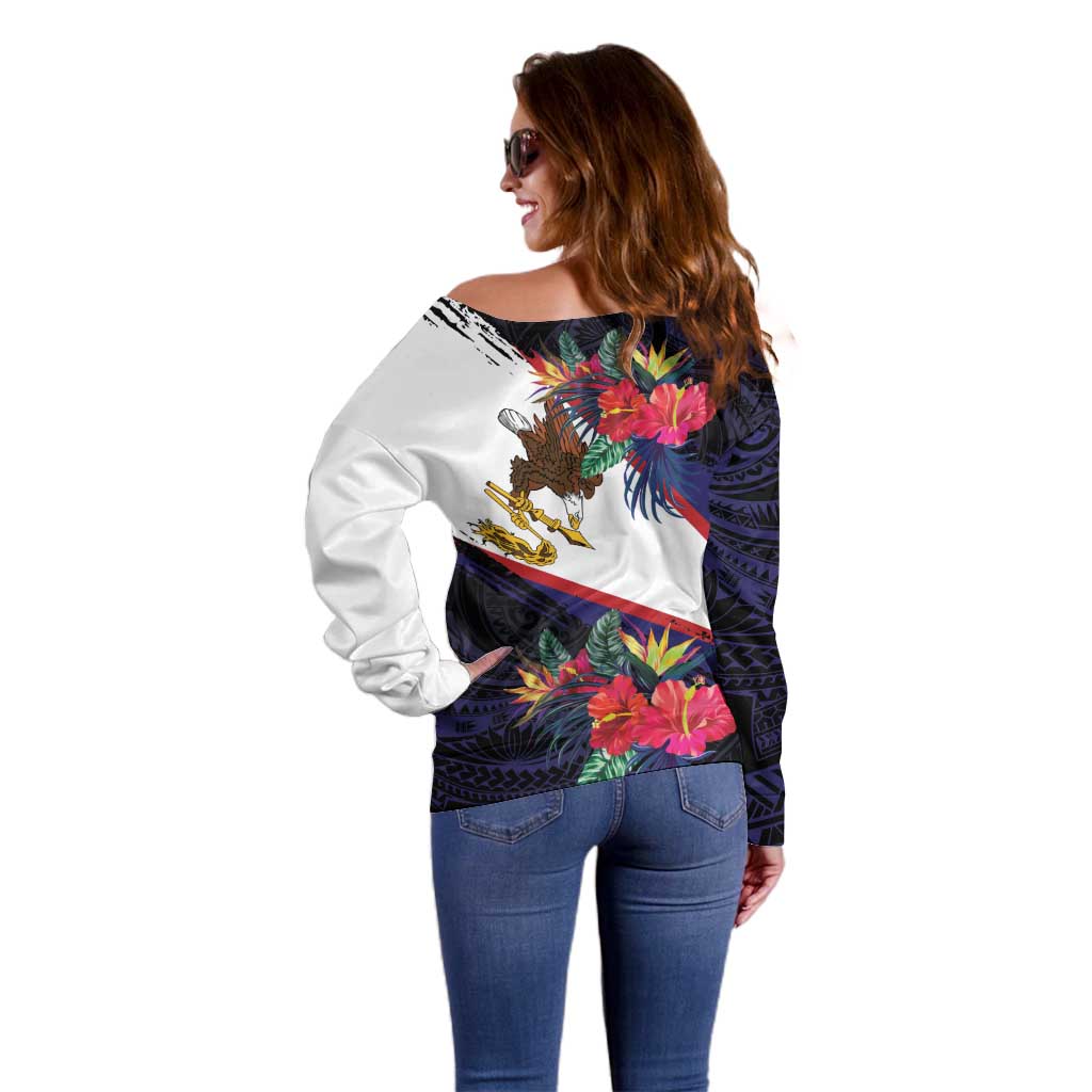American Samoa Flag Day Since 1900 Off Shoulder Sweater Samoa Muamua Le Atua Tropical Flowers