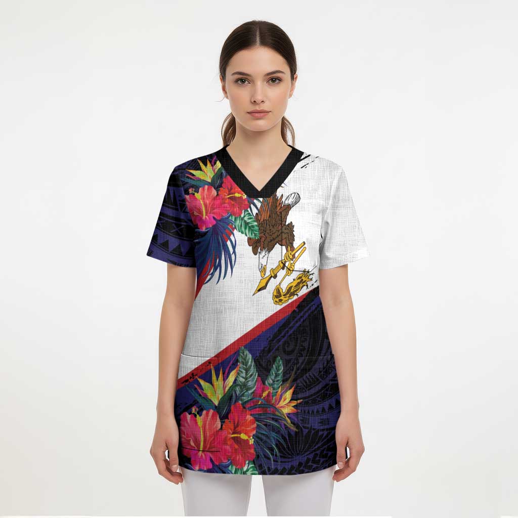 American Samoa Flag Day Since 1900 Scrub Top Samoa Muamua Le Atua Tropical Flowers - Polynesian Pride