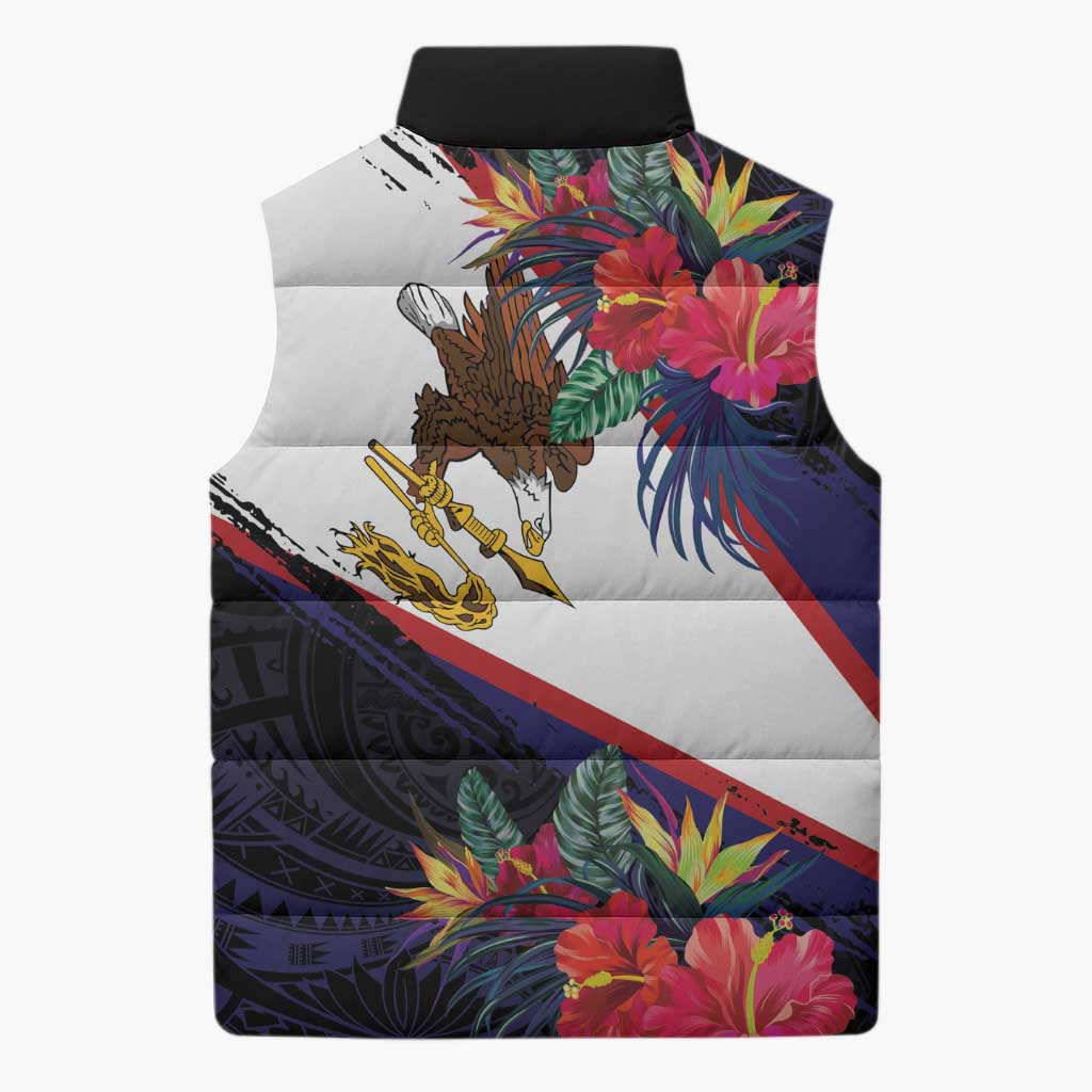 American Samoa Flag Day Since 1900 Sleeveless Puffer Jacket Samoa Muamua Le Atua Tropical Flowers - Polynesian Pride