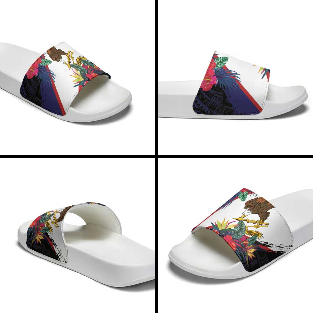 American Samoa Flag Day Since 1900 Slide Sandals Samoa Muamua Le Atua Tropical Flowers - Polynesian Pride