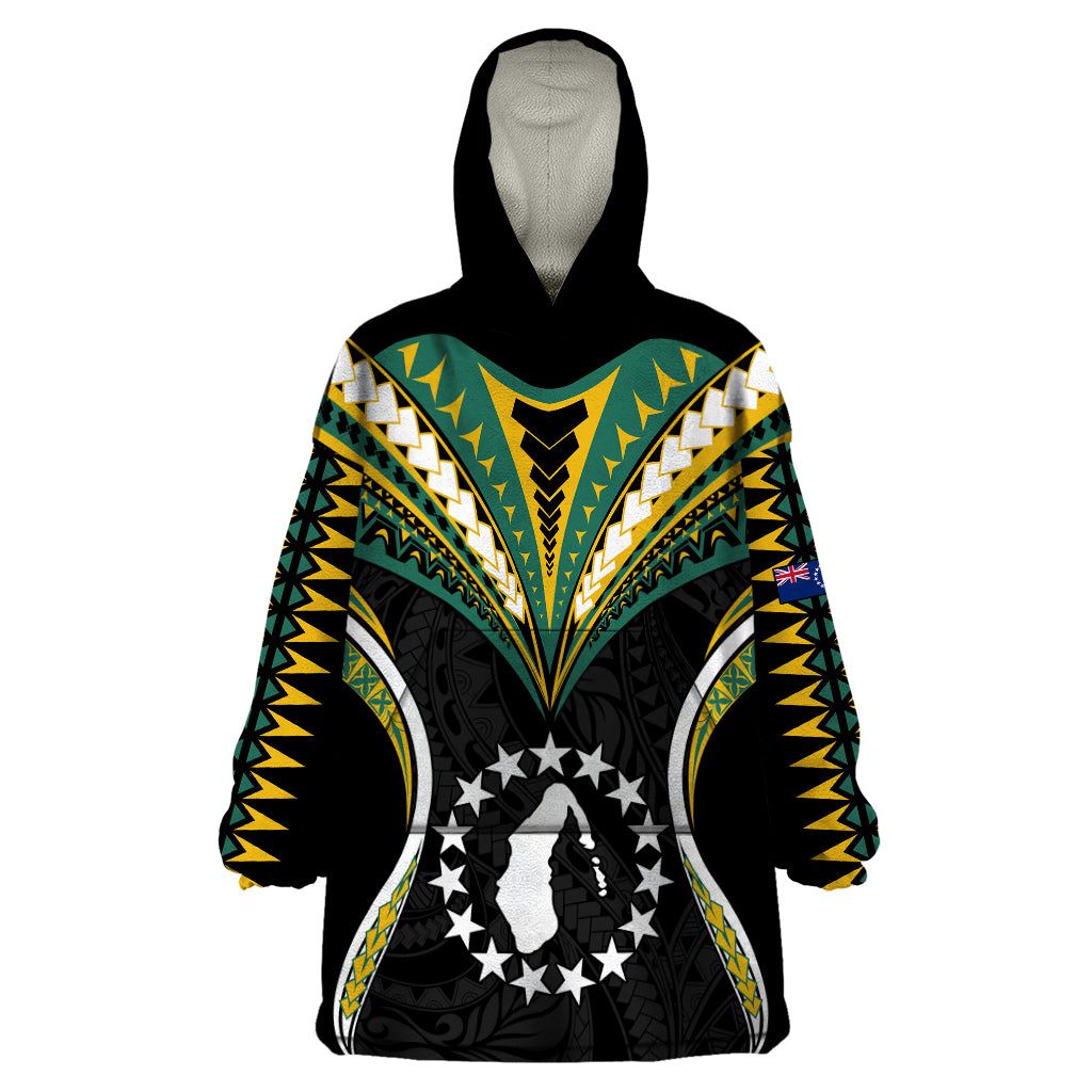 Polynesian Pride Aitutaki Island Wearable Blanket Hoodie Cook Islands Tribal Wave Style LT9 One Size Black - Polynesian Pride