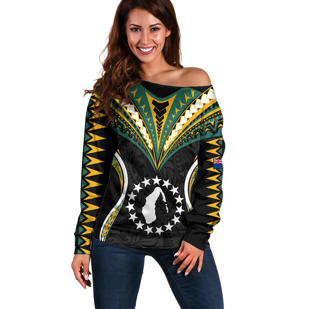 (Personalised) Polynesian Pride Aitutaki Island Off Shoulder Sweater Cook Islands Tribal Wave Style LT9 Women Black - Polynesian Pride