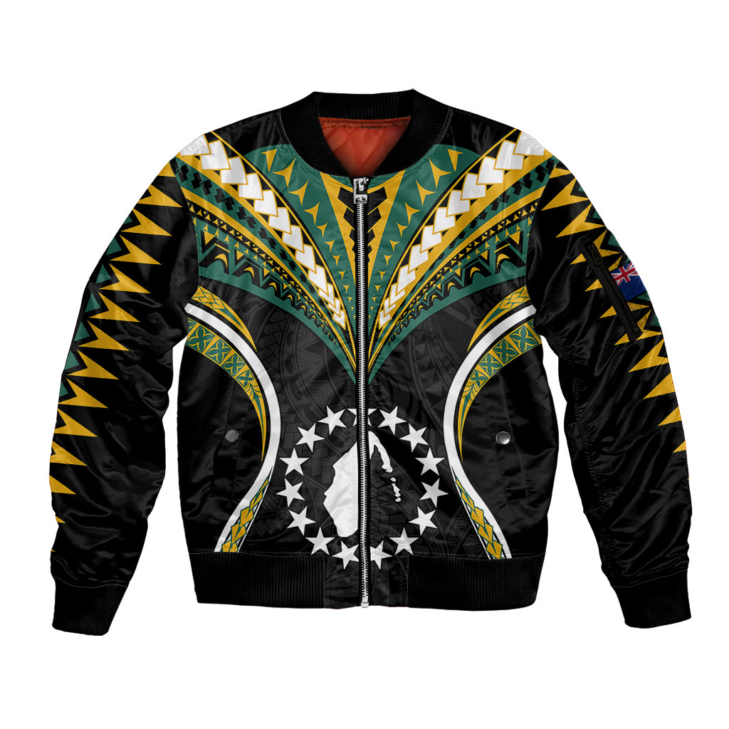 (Personalised) Polynesian Pride Aitutaki Island Sleeve Zip Bomber Jacket Cook Islands Tribal Wave Style LT9 Unisex Black - Polynesian Pride