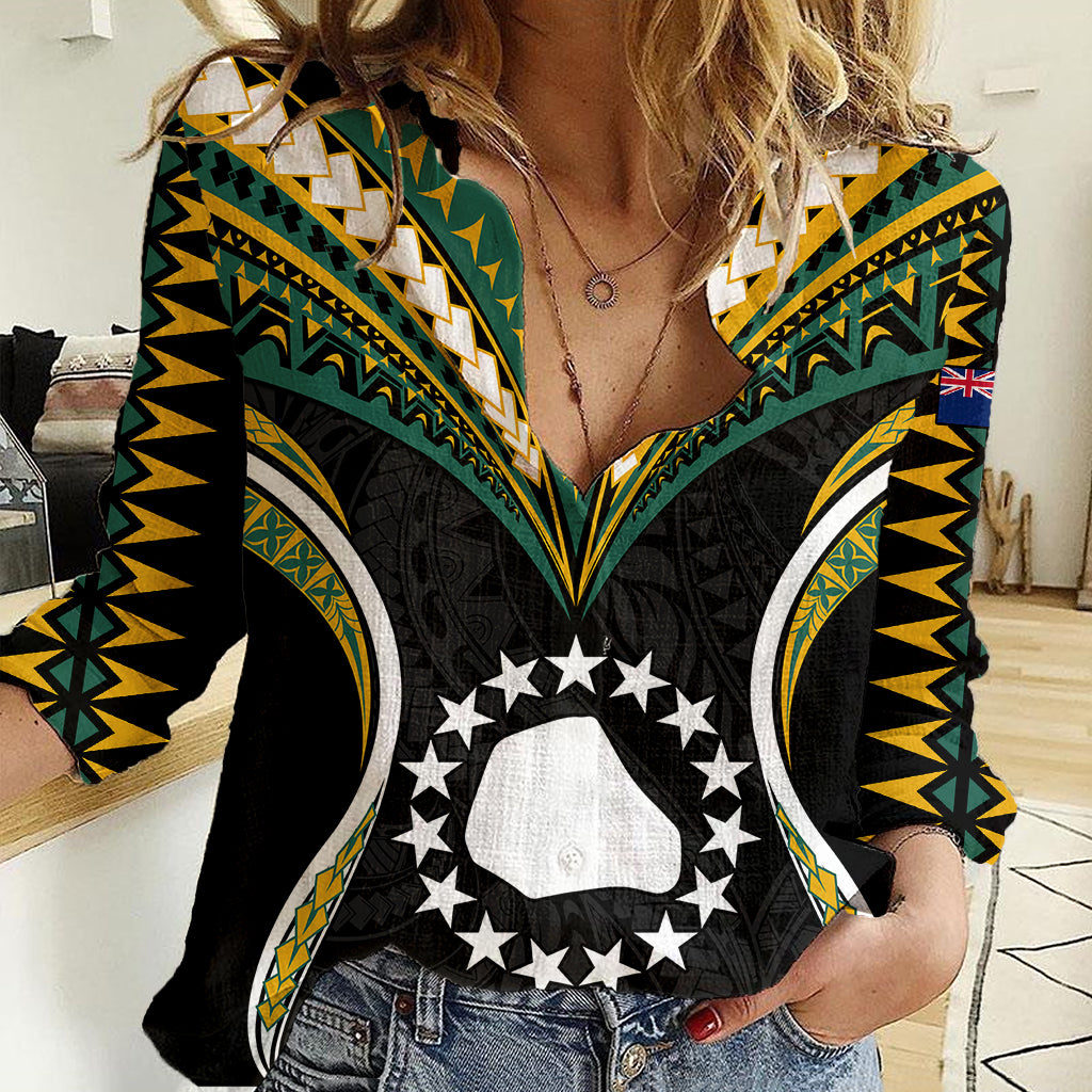 Polynesian Pride Mangaia Island Women Casual Shirt Cook Islands Tribal Wave Style LT9 Female Black - Polynesian Pride