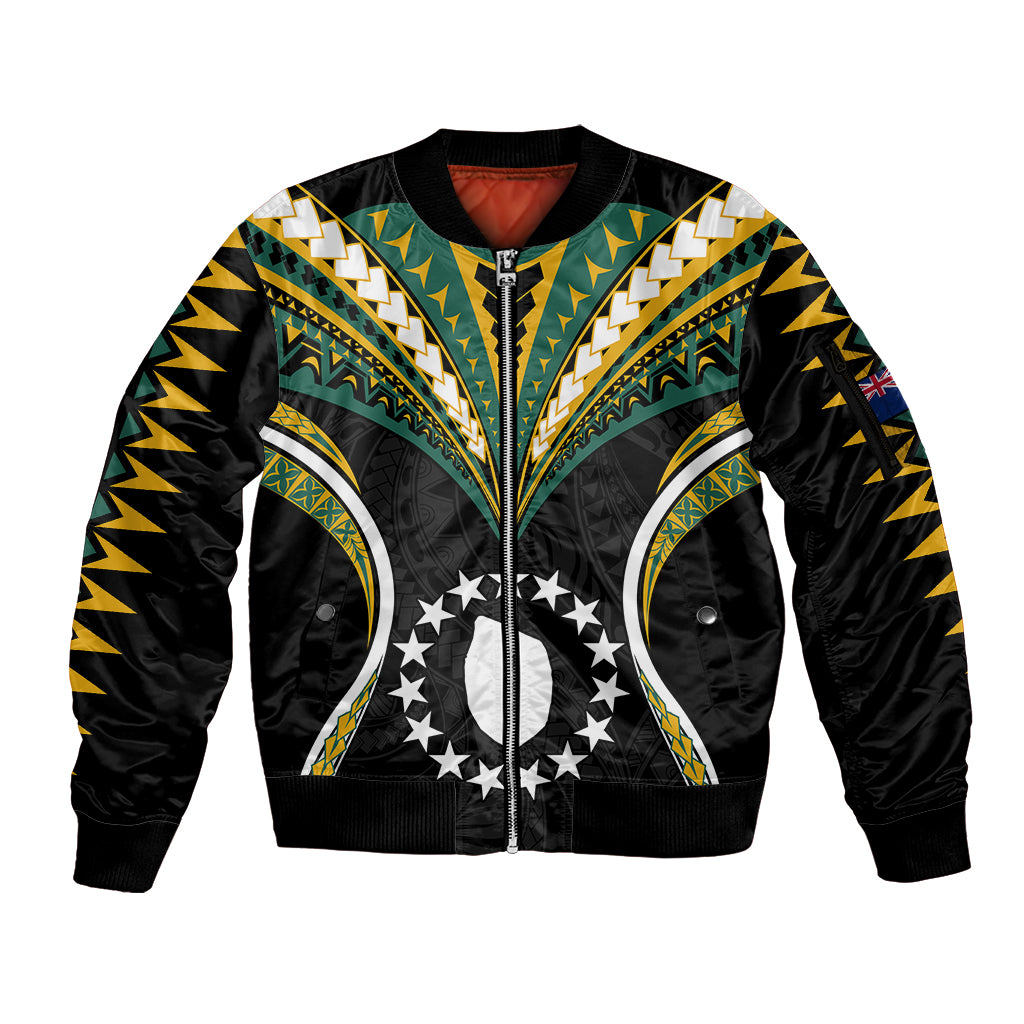 (Personalised) Polynesian Pride Mauke Island Sleeve Zip Bomber Jacket Cook Islands Tribal Wave Style LT9 Unisex Black - Polynesian Pride