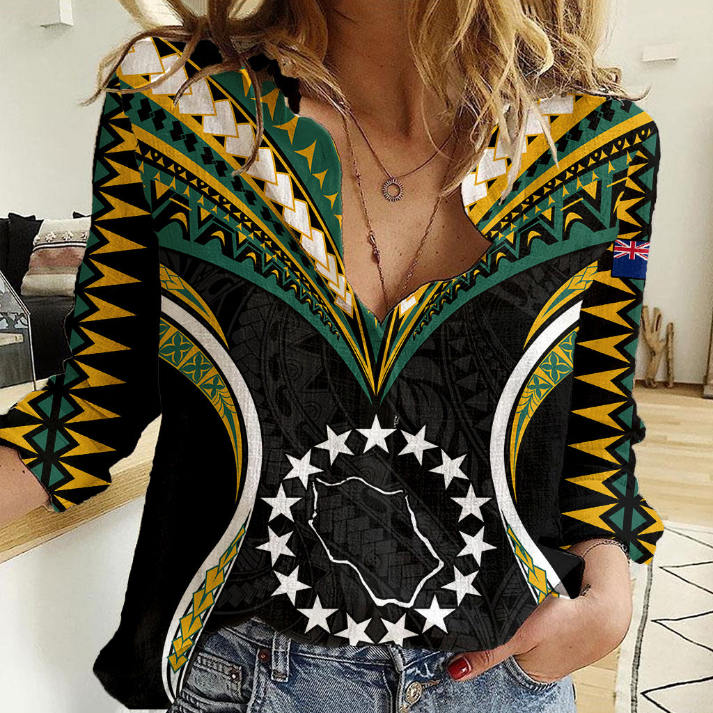 Polynesian Pride Penrhyn Island Women Casual Shirt Cook Islands Tribal Wave Style LT9 Female Black - Polynesian Pride