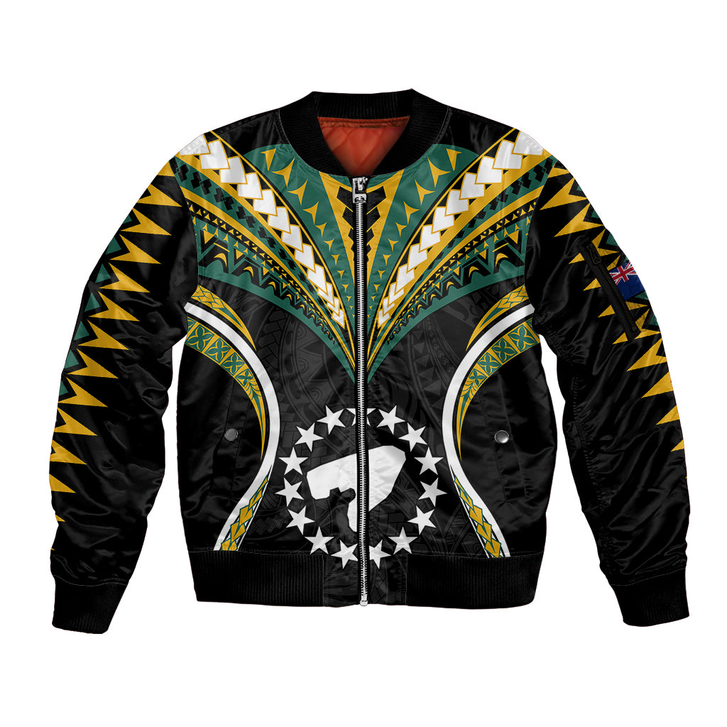 (Personalised) Polynesian Pride Pukapuka Island Sleeve Zip Bomber Jacket Cook Islands Tribal Wave Style LT9 Unisex Black - Polynesian Pride